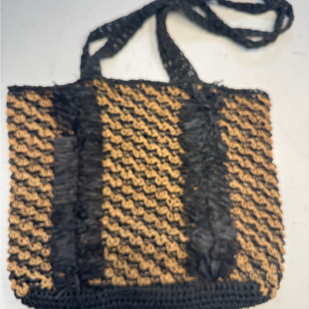 Beach bag - Handcrafted Black and Tan Woven Tote